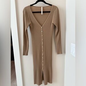 Aritzia The Babaton Tan Ribbed Button-Down Sweater Dress